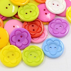 Couleur Mélangete Boutons acryliques de couture  pour la création de vêtements, boutons de chemise en plastique, 2-trou, teint, plat et circulaire avec motif floral, couleur mixte, 25x4mm, Trou: 2mm