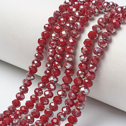 FireBrick Electroplate Opaque Solid Color Glass Beads Strands, Half Plated, Rainbow Plated, Faceted, Rondelle, FireBrick, 4x3mm, Hole: 0.4mm, about 123~127pcs/strand, 16.5~16.9 inch(42~43cm)