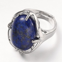 Lapis Lazuli Adjustable Oval Gemstone Wide Band Rings, with Platinum Tone Brass Findings, US Size 7 1/4(17.5mm)