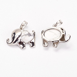 Howlite Natural Howlite Pendants, with Brass Findings, Elephant, Platinum, 22.5x27x8mm, Hole: 5x8mm