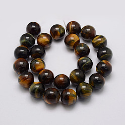 Tiger Eye Natural Tiger Eye Bead Strands, Grade A, Round, 10mm, Hole: 1.2mm, about 38pcs/strand, 14.9 inch~15.5 inch