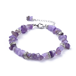 Amethyst Natural Amethyst Chip Bracelets, with Flat Round Tibetan Style Alloy Spacers Beads and Stainless Steel Findings, 7-1/4 inch~7-3/8 inch(18.4~18.8cm)