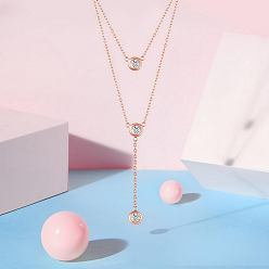 Rose Gold SHEGRACE 925 Sterling Silver Double Layered Necklace, with Three Round AAA Cubic Zirconia Pendants, Rose Gold, 17.7 inch(45cm)