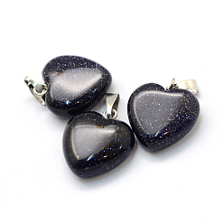 Blue Goldstone Heart Synthetic Blue Goldstone Pendants, with Platinum Tone Brass Findings, 17~19x15~16x5~8mm, Hole: 2x7mm