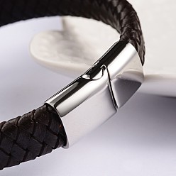 Brun De Noix De Coco Cuir à la mode des bracelets de corde tressée, avec 304 fermoirs magnétiques en acier inoxydable, brun coco, 220x12x6mm