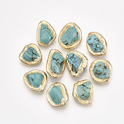Turquoise Perles de turquoise synthétiques, avec bord en argile polymère plaqué or, pépite, turquoise, 17~24x15~18x6~12mm, Trou: 0.7mm