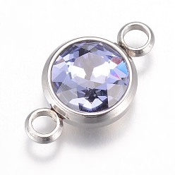 Lilac K9 Glass Links connectors, Faceted, with 304 Stainless Steel Findings, Flat Round, Stainless Steel Color, Lilac, 17.5x10x6.5mm, Hole: 2.5mm