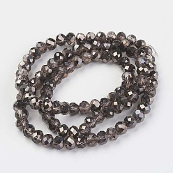 Brun De Noix De Coco Plaquent verre transparent perles brins, demi-plaqué noir, facette, rondelle, brun coco, 4x3mm, Trou: 0.4mm, Environ 123~127 pcs/chapelet, 16.5~16.9 pouce (42~43 cm)