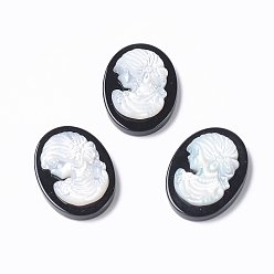 Black Agate Natural Black Agate Cameo Cabochons, with Shell, Oval with Women Portrait, White, 18x13x4~4.5mm