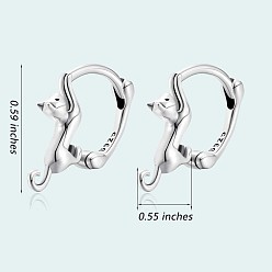 Platinum Rhodium Plated 925 Sterling Silver Cute Cat Hoop Earrings for Women, Platinum, 15x14mm, Pin: 1mm