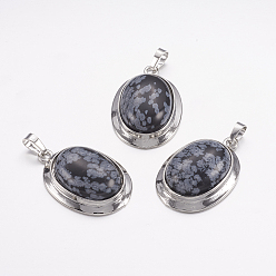 Obsidienne De Flocon De Neige Flocon de neige naturelle pendentifs en obsidienne, avec les accessoires en alliage de tonalité de platine, ovale, 37x25x10mm, Trou: 4x8mm