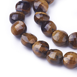 Tiger Eye Natural Tiger Eye Beads Strands, Faceted, Flat Round, 8.5~9x6~6.5mm, Hole: 1mm, about 45pcs/strand, 14.9 inch(38cm)