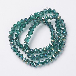 Dark Turquoise Electroplate Transparent Glass Beads Strands, Half Green Plated, Faceted, Rondelle, Dark Turquoise, 8x6mm, Hole: 1mm, about 72pcs/strand, 16.14 inch(41cm)