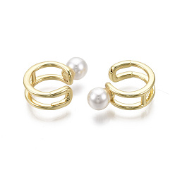 Real 18K Gold Plated Brass Cuff Earrings, with ABS Plastic Imitation Pearl, Nickel Free, Real 18K Gold Plated, 9.5x6mm