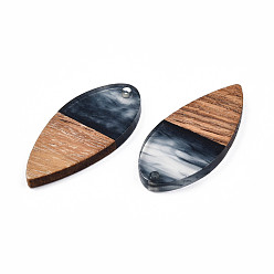 Black Transparent Resin & Walnut Wood Pendants, Teardrop Shape Charm, Black, 38x18x3mm, Hole: 2mm