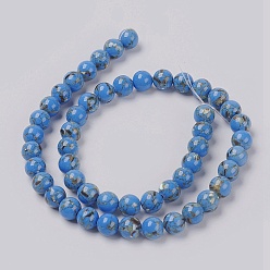 Dodger Blue Sea Shell and Synthetic Turquoise Assembled Beads Strands, Round, Dodger Blue, 6mm, Hole: 1.2mm, about 65pcs/strand, 15.7 inch(40cm)
