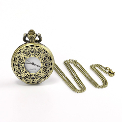 Antique Bronze Filigree Flat Round Alloy Quartz Pocket Watches, with Iron Chains and Lobster Claw Clasps, Antique Bronze, 31.4 inch, Watch Head: 56x39x14mm, Watch Face: 28mm