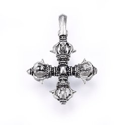 Antique Silver 304 Stainless Steel Dorje Vajra Pendants, Cross, Antique Silver, 42.5~44x31~32.5x11~11.5mm, Hole: 7x4mm