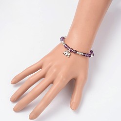 Amethyst Natural Amethyst Beaded Elephant Charm Stretch Bracelets, with Antique Silver Alloy Findings, 53mm