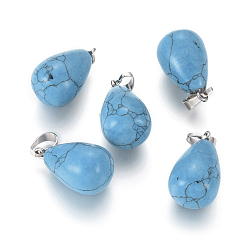 Synthetic Turquoise Synthetic Turquoise Pendants, with Platinum Tone Brass Findings, Drop, 24~24.5x14mm, Hole: 5x7mm