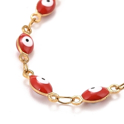 Red Enamel Horse Eye Link Chains Bracelet, Vacuum Plating 304 Stainless Steel Jewelry for Women, Golden, Red, 6-3/4 inch(17.1cm)