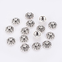 Antique Silver Tibetan Style Alloy Bead Caps, Lead Free and Cadmium Free, Flower, Antique Silver, 9x4mm, Hole: 1mm