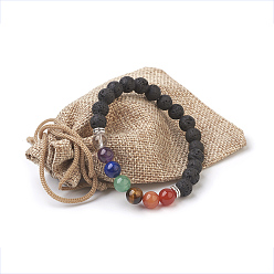 Lava Rock Natural Lava Rock Beads Stretch Bracelets, with Mixed Stone and Alloy Bead Spacer, Round, Burlap Packing, Antique Silver, 2 inch(5.2cm), Bag: 12x8.5x3cm