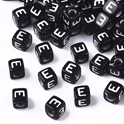 Letter E Opaque Acrylic Beads, Horizontal Hole, Alphabet Style, Cube, Black & White, Letter.E, 5x5x5mm, Hole: 2mm, about 5000pcs/500g