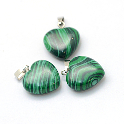 Malachite Heart Dyed Synthetic Malachite Pendants, with Platinum Tone Brass Findings, 17~19x15~16x5~8mm, Hole: 2x7mm