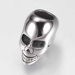 Antique Silver 304 Stainless Steel European Beads, Large Hole Beads, Skull, Antique Silver, 12x7.5x10mm, Hole: 4.5mm