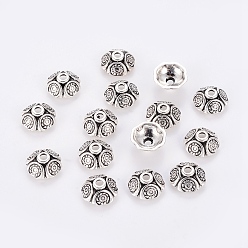 Antique Silver Tibetan Style Alloy Bead Caps, Lead Free, Cadmium Free and Nickel Free, Flower, Antique Silver, 9x4mm, Hole: 1mm