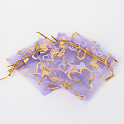 Pourpre Moyen Cardiaques imprimée en organza sacs, sacs-cadeaux, rectangle, support violet, 9x7 cm