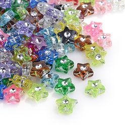 Mixed Color Plating Transparent Acrylic Beads, Silver Metal Enlaced, Star, Mixed Color, 9x8.5x4mm, Hole: 1mm, about 3000pcs/500g