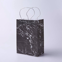 Black kraft Paper Bags, with Handles, Gift Bags, Shopping Bags, Rectangle, Marble Texture Pattern, Black, 33x26x12cm