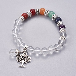Quartz Crystal Chakra Jewelry, Natural Quartz Crystal Bracelets, with Metal Tree Pendants, 50mm