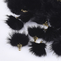 Noir Décorations pendantes de pompon en fausse fourrure de vison, avec les accessoires en alliage, Or antique, noir, 20~30x28~30mm, Trou: 1.8mm