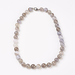 Light Grey Natural Dyed Agate Beads Necklaces, with Brass Lobster Claw Clasps, Round, Light Grey, Beads: 6mm, 18.9 inch(48cm)