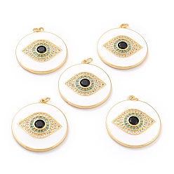 Mixed Color Real 18K Gold Plated Brass Micro Pave Cubic Zirconia Pendants, with Jump Ring and Enamel, Long-Lasting Plated, Flat Round with 
Evil Eye, Mixed Color, 33x30x4mm, Jump Ring: 5x1mm, 3mm Inner Diameter
