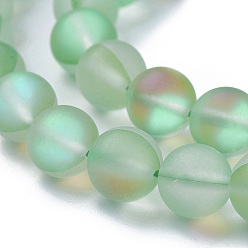 Pale Green Synthetic Moonstone Beads Strands, Holographic Beads, Half AB Color Plated, Frosted, Round, Pale Green, 6mm, Hole: 1mm, about 60pcs/strand, 15 inch
