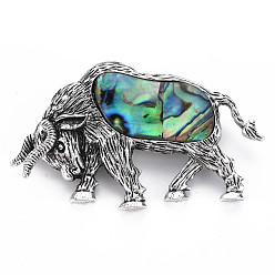 Colorful Cow Alloy Brooch, Natural Paua Shell Lapel Pin with Loop for Backpack Clothes Pendant Jewelry, Cadmium Free & Lead Free, Antique Silver, Colorful, 33x54x9.5mm, Hole: 7x4.5mm, Pin: 0.7mm