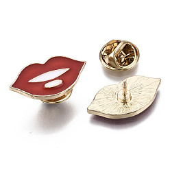 Red Alloy Brooches, Enamel Pin, with Brass Butterfly Clutches, Lip, Light Gold, Red, 11.5x22.5x2mm, Pin: 1mm