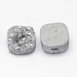 Silver Plated Electroplated Natural Druzy Quartz Crystal Beads, Square, Silver Plated, 14~15x14~15x8~9mm, Hole: 1.5mm