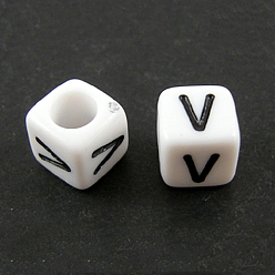 Letter V Lettre acrylique européenne perles, trou horizontal, cube, letter.v, 10x10x10mm, Trou: 3.5~4mm, environ598 pcs / 500 g