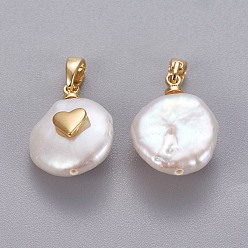 Golden Natural Cultured Freshwater Pearl Pendants, with Brass Findings, Nuggets with Heart, Long-Lasting Plated, Golden, 17~27x12~16x6~12mm, Hole: 4x2.5mm