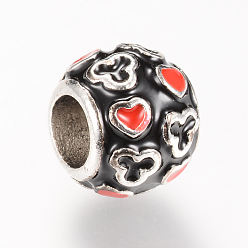 Black Alloy Enamel European Beads, Rondelle, Large Hole Beads, Silver Color Plated, Black, 10.5x9mm, Hole: 5mm