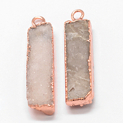 Rose Gold Electroplated Natural & Dyed Druzy Agate Pendants, with Brass Findings, Rose Gold, 37~41x9~10x5~9mm, Hole: 3mm
