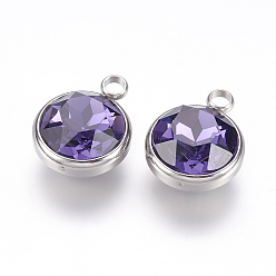 Pourpre Moyen K 9 pendentifs en strass de verre, breloques pierre de naissance février, avec 304 accessoires en acier inoxydable, plat rond, support violet, 18x14x9mm, Trou: 2.5mm
