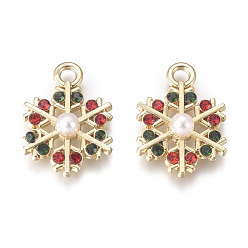 Colorful Golden Plated Alloy Charms, with Rhinestone and Acrylic Imitation Pearl, Snowflake, for Christmas, Colorful, 15x11x3.5mm, Hole: 1.7mm