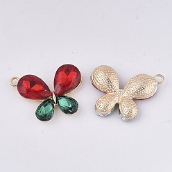 Mixed Color Alloy Pendants, with Rhinestone, Butterfly, Light Gold, Mixed Color, 21x28.5x6mm, Hole: 2mm