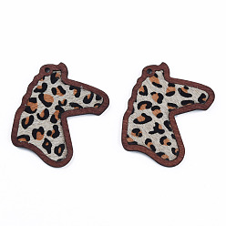 Dark Goldenrod Eco-Friendly Cowhide Leather Big Pendants, with Dyed Wood, Horse's Head with Leopard Print Pattern, Dark Goldenrod, 53.5x42x3mm, Hole: 2mm